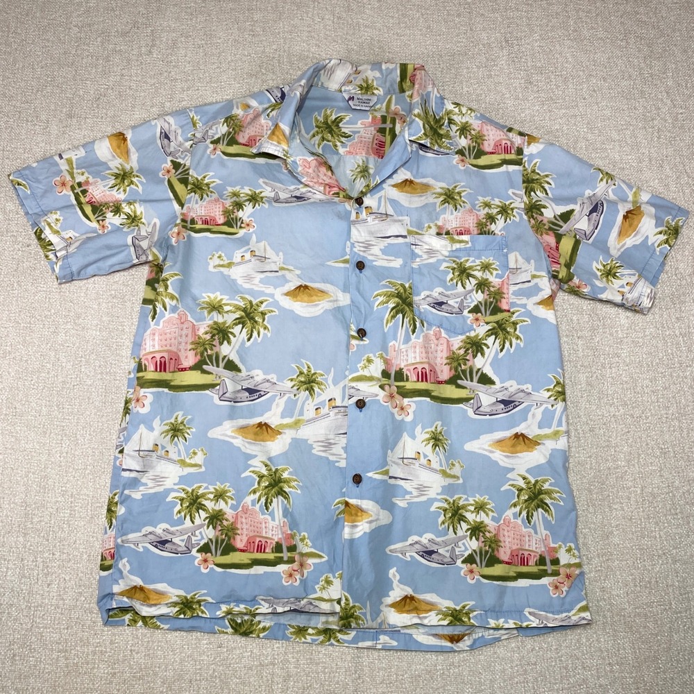 Malihini Hawaii Mens Blue Tropical Seaplane Ocean Liner Camp Shirt Made in HI